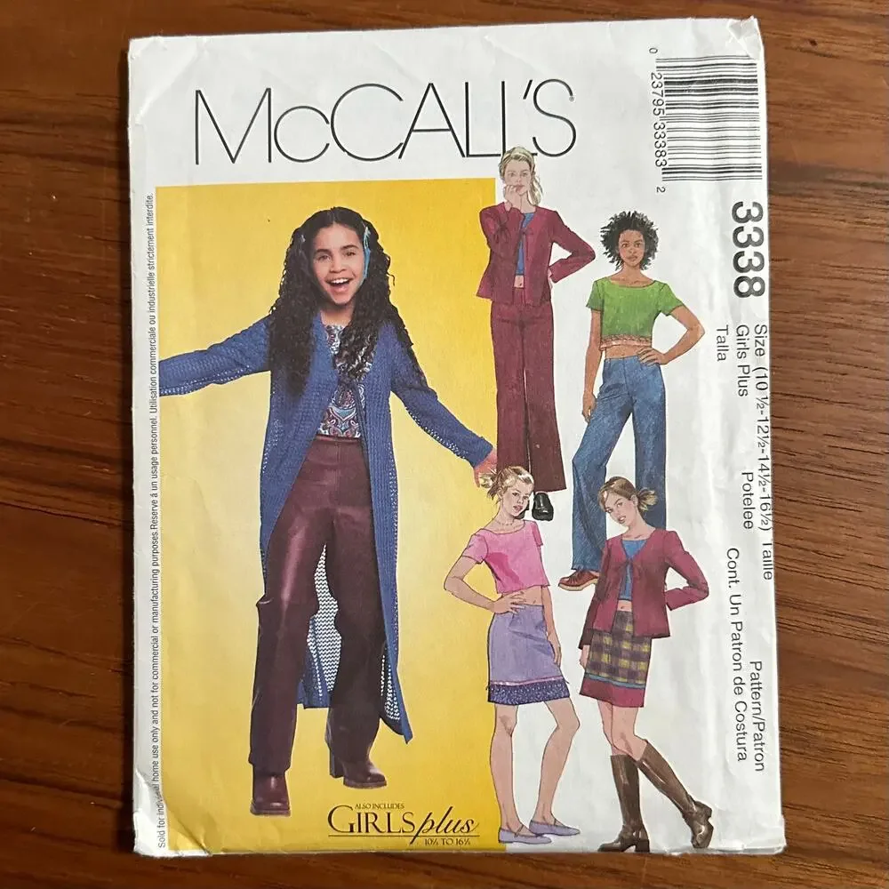 UNCUT McCall's Pattern 3338 Size Girl's Plus 10.5-16.5